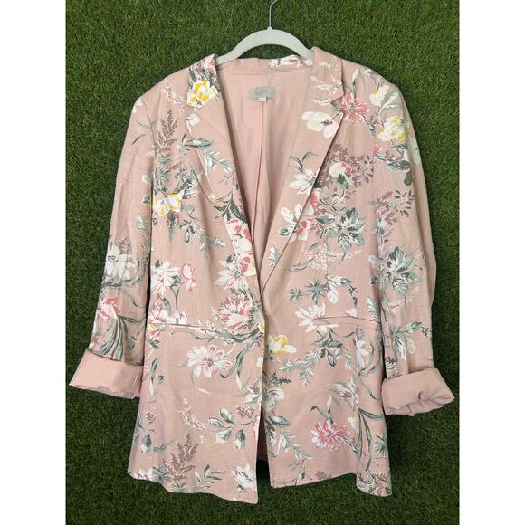 LOFT Outlet Pink Floral Linen Blend Blazer Tailored Jacket Workwear Size 14 - Picture 2 of 9